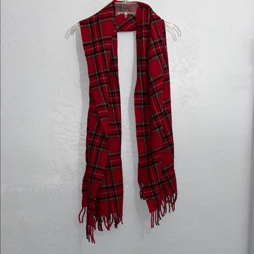 J. Crew Wool Polyamide Red Plaid Fringe Scarf Italy